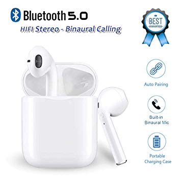 Wireless Earbuds Bluetooth Headset IPX5 Waterproof Wireless Sports Headphones TWS Bluetooth 5.0 HiFi Bass Headphones with Microphone Noise Cancelling Headphones (White)