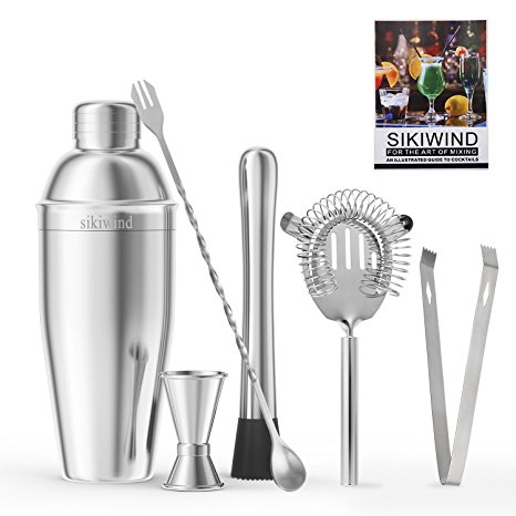 Cocktail Shaker Set 7 Piece Stainless Steel SIKIWIND Bar Set Accessories - Bartenders 25 Oz Martini Shaker With Measuring Jigger, Mixing Spoon,Drink Muddle,Strainers and Ice Tongs   Drink Recipe