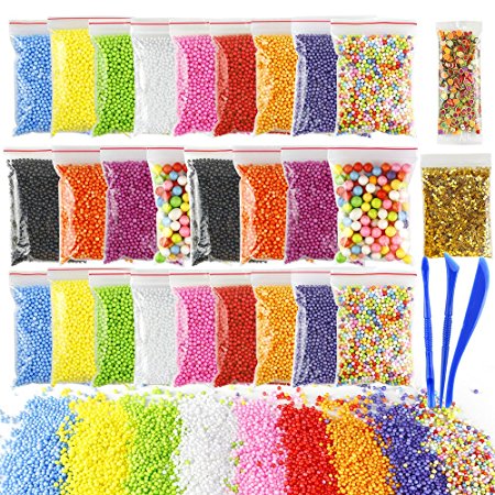 OPount 26 Pack 90000 Pieces Colorful Styrofoam Balls for Slime 0.08-0.35 Inch with Slime Tools, Confetti and Fruit Slice for Slime Making Art DIY Craft(Not Contain Slime)