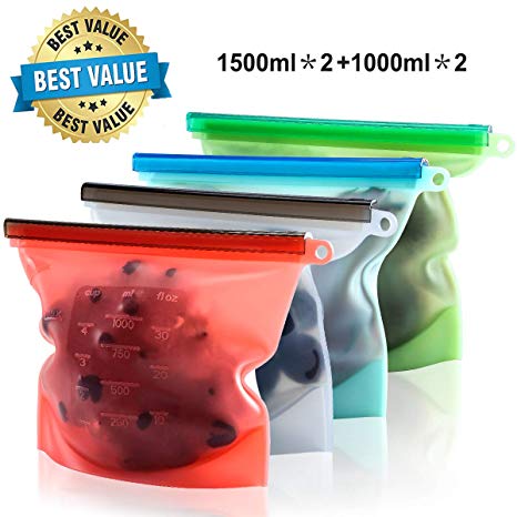 Reusable Silicone Food Storage Bags Set of 4 - Large Size 50 oz Airtight Seal Bag Keep Your Food Fresh for Sandwich, Sous Vide, Liquid, Snack, Lunch, Fruit, Freezer - 2 Large & 2 Small (Green 5)