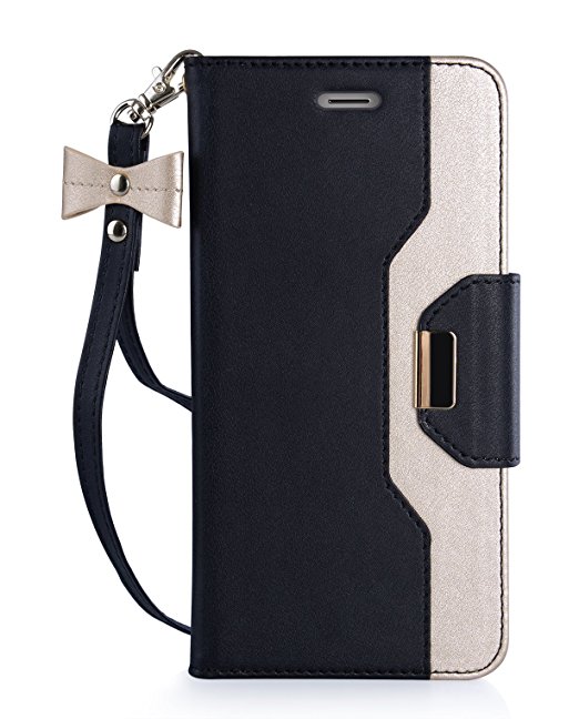 iPhone 7 Plus Case, FYY [RFID Blocking wallet] [Makeup Mirror] Premium PU Leather iPhone 7 Plus Wallet Case with Cosmetic Mirror and Bow-knot Strap Black Gold