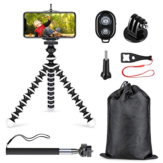 SmilePowo Phone Tripod and Selfie Stick Kit with Shutter Remote Control and Universal Adapter for iPhone, Android Phone,GoPro Hero Camera and Other Sports Action Camera(with Medium Tripod)