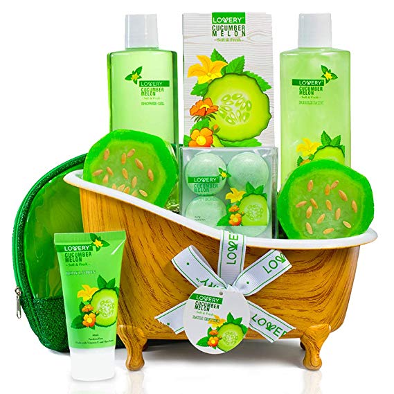 Home Spa Bath Basket Gift Set - Aromatherapy Kit for Men & Women - Natural Cucumber with Organic Melon - 12 Piece Skin Care Set Includes 2 Organic Melon Soaps, Lotion & More - Ideal Mother’s Day Gift