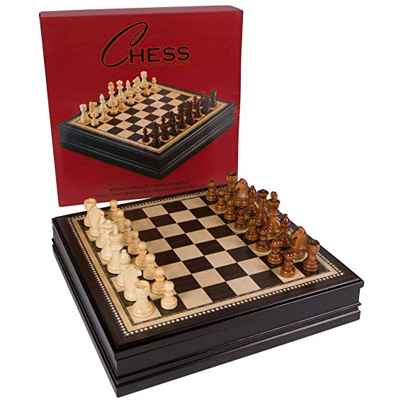 Kavi Black Inlaid Wood Chess Board Game with Weighted Wooden Pieces and Tray - 18 Inch Set (Large)
