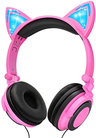 Ifecco Kids Headphones with LED Glowing Cat Ears, Safe Wired Kids Headsets 85dB Volume Limited On Ear Headphones, 3.5mm Aux Jack, Cute Headphones for Grils Boys (Pink)
