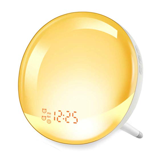 Wake Up Light Alarm Clock, GEEMAK Sunrise & Sunset Simulation 7 Colored Sleep Aid Light with FM Radio, 2 Alarms /7 Natural Alarm Sounds/Snooze/20 Brightness