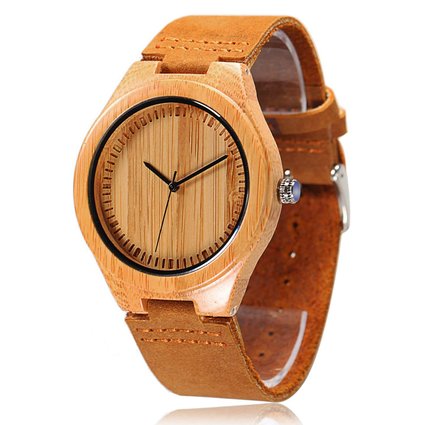 CUCOL Natural Bamboo Wooden Watch with Genuine Brown Leather Strap Japanese Quartz Movement Casual Watches
