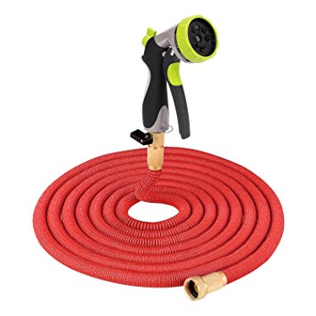 50ft Red Expanding Water Hose Strongest Expandable Garden Hose with Double Latex Core Solid Brass Connector Durable Fabric Textile for Car Garden with 8 Function Hose Nozzle