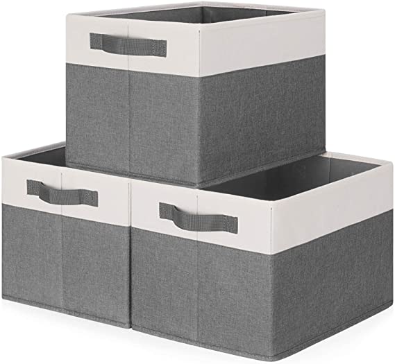 Lifewit Storage Bins Fabric Storage Baskets Collapsible 3 Pack Cube Boxes Shelves Organizers with Sturdy Handles for Closet Living Room Bedroom, 15×11×9.6 in, Grey