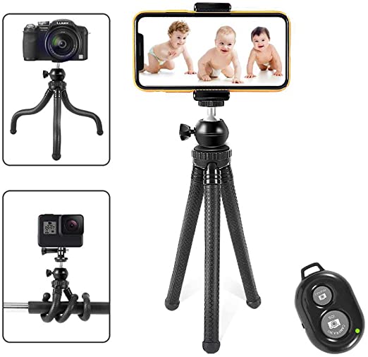 Phone Tripod,Portable and Flexible Tripod for iPhone & Camera Stand Holder with Wireless Remote and Universal Clip,Compatible for iPhone/Android/Camera GoPro