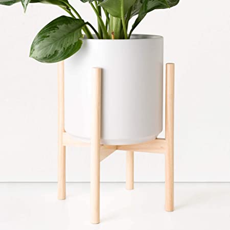 Plant Stand with Planter - Flower Pot Included | Large Modern Plant Pot with Wood Stand | Perfect for Succulent Plants, Indoor Plants & Artifical Plants (10", White Planter   Natural Stand)