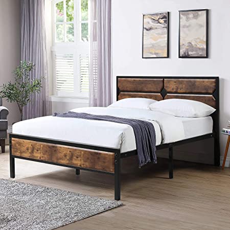 VECELO Queen Bed Frame Metal Platform with Wooden Headboard & Footboard /Mattress Foundation/ Strong Metal Slats Support No Box Spring Replacement/Easy Assemble