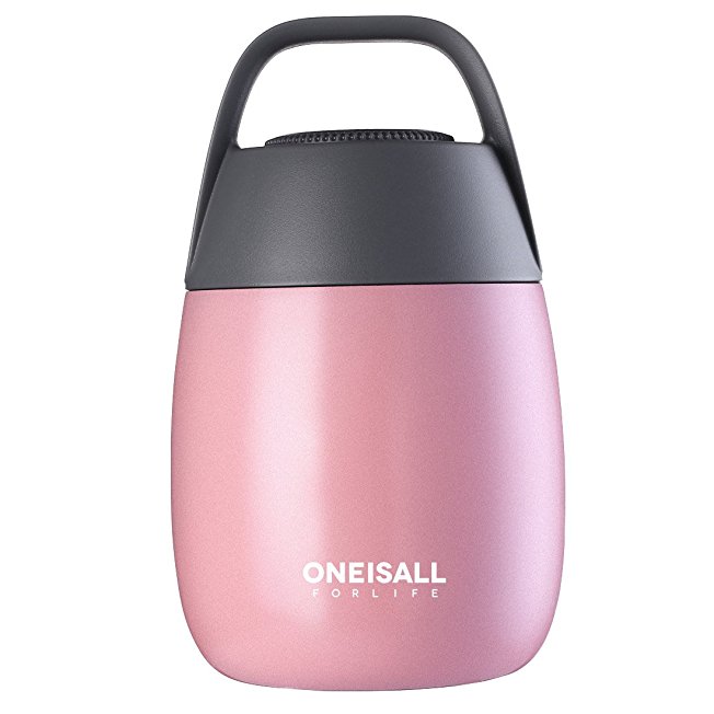 ONEISALL GYBL116 450ML Cute Student Stainless Steel Food Flask with Foldable Spoon and Sturdy Handle ,Insulated Mini Food & Soup Thermal Flask for Kids , 384G (Pink)