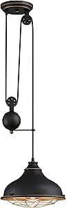 Westinghouse 6124900 Chaves Vintage-Style One Light Indoor Pulley Pendant, Black-Bronze Finish with Highlights, Golden Brass Cage Shade