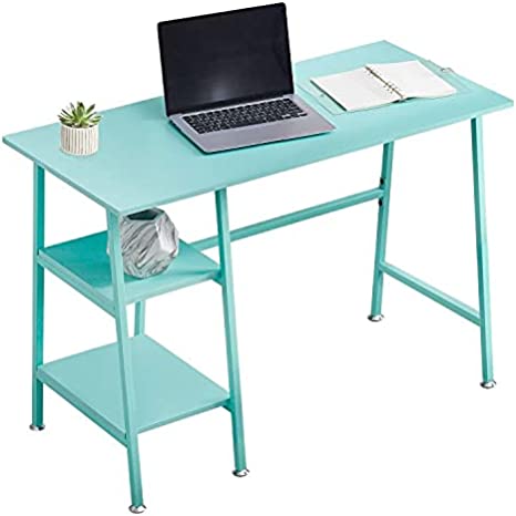 VECELO Computer Writing Desks Wooden Study Table with 2 Tier Storage Shelves on Left or Right for Laptops, Modern Simple Workstation with Metal Frame for Home Office, 43x20 inch, Blue