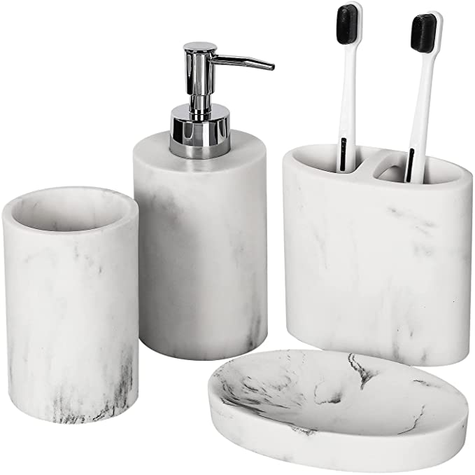 TOPSKY 4 Pieces Bathroom Accessories Set Soap Dispenser/Toothbrush Holder/Tumbler/Soap dish (White Marble Effect)