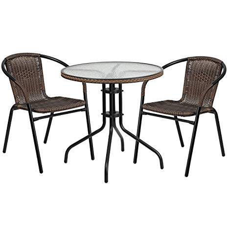 Flash Furniture 28'' Round Glass Metal Table with Dark Brown Rattan Edging and 2 Dark Brown Rattan Stack Chairs