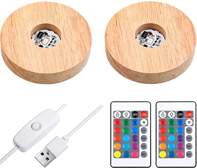 Mudder 2 Pieces LED Lights Display Base,16 Colored Round Wooden Lighted Base Stand with Remote Control and USB Cable for Laser Crystal Glass Resin Art Table Centerpiece Home Decoration