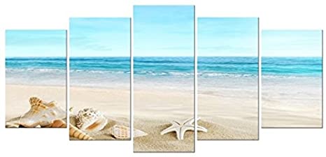 Pyradecor Seashell 5 Panels Seascape Giclee Canvas Prints Landscape Pictures Paintings on Modern Stretched and Framed Canvas Wall Art Sea Beach Pictures Artwork for Home Decor