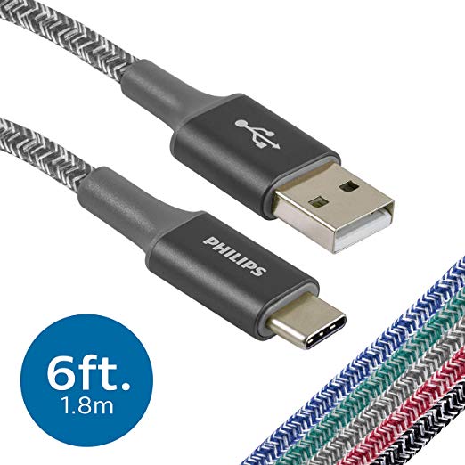Philips 6 Ft. USB Type C Cable, USB-A to USB-C Gray Durable Braided Fast Charging Cable, Compatible with iPad Pro, MacBook Pro, Samsung Galaxy S10 S9 Note 9 8 S8 Plus, DLC5206GA/37