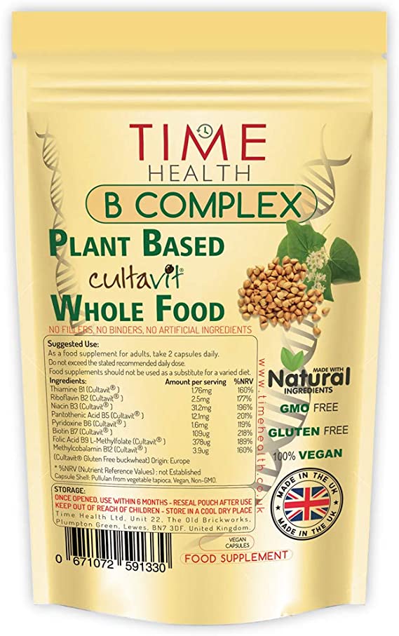 Vitamin B Complex Whole Food Plant Based Cultavit - Natural, Non-Synthetic B Vitamins - Highly Bioavailable - Zero Additives - UK Manufactured - Pullulan (120 Capsule Pouch)