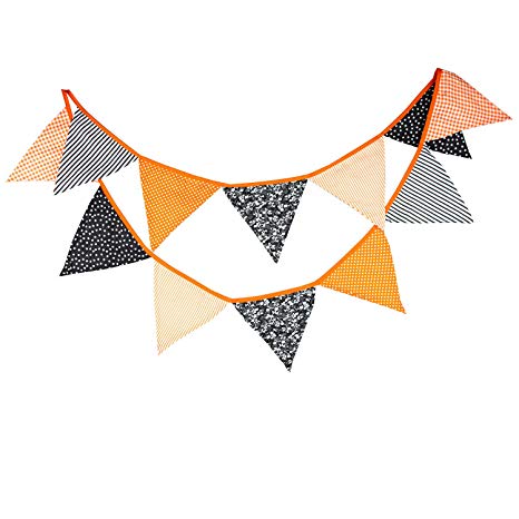 Halloween Vintage Cotton Fabric Buntings Garlands 12 Flags Halloween Party Decoration Orange Banner Pennant Rustic Hanging Decor 10.5 Feet
