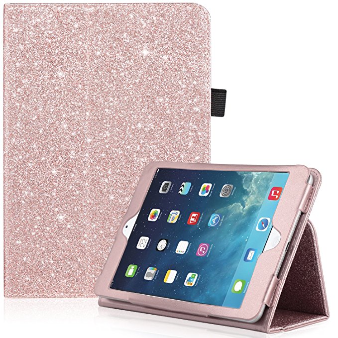 iPad Mini Case, iPad Mini 2 Case, iPad Mini 3 Case, UrbanDrama Glitter Sparkly Slim Fit Folio Stand PU Leather Case with Auto Wake/Sleep Feature Luxury Smart Cover for iPad Mini 1/2/3, Rose Gold