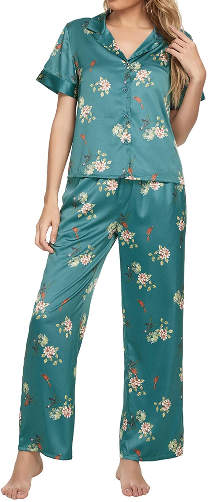 TOP-MAX Womens Silk Satin Pajamas Set Short Sleeve Loungewear Two-Piece Sleepwear Button-Down Pj Set S-3XL
