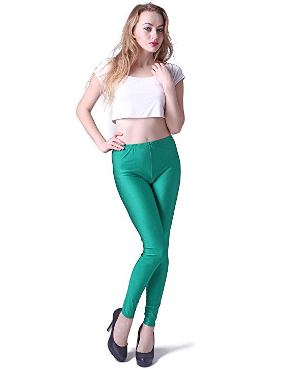 HDE Women's Shiny Leggings Solid Color Vibrant High Waist Fashion Stretch Pants