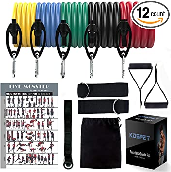 KOSPET Resistance Bands Set, 15pcs Workout Bands Resistance up to 125lb, Exercise Bands with Ankle Straps, Door Anchor, Fitness Tubes, Carry Bag, Handles for Strength, Physical Therapy, Gym Equipment