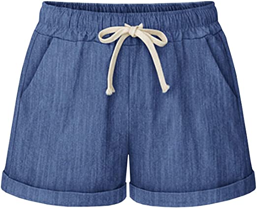 HOW'ON Women's Elastic Waist Casual Comfy Cotton Beach Shorts with Drawstring