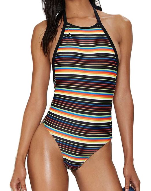 Oops Style Womens Sexy Striped Backless Hi-Neck Halter One Piece Swimsuit