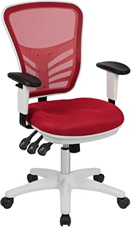 Flash Furniture Mid-Back Red Mesh Multifunction Executive Swivel Ergonomic Office Chair with Adjustable Arms and White Frame, BIFMA Certified