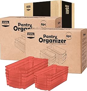 Utopia Home Fridge Organizers and Storage Clear - Set of 16 (8 Large & 8 Medium) Refrigerator Organizer Bins - Kitchen Organization - BPA Free Panrty Organizers and Storage (Red)