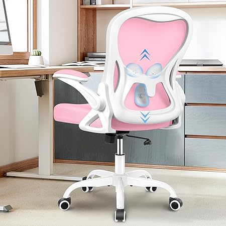 Winrise Office Chair Desk Chair, Ergonomic Mesh Computer Chair Home Office Desk Chairs, Swivel Task Chair Mid Back Breathable Rolling Chair with Adjustable Lumbar Support Flip Up Armrest (Pink)