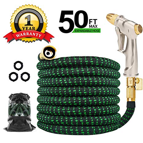 Expandable Garden Hose 50ft, TINGPO Kink Free Water Hose with Strongest 6 Function Zinc Alloy Water Spray Hose Nozzle, Expanding Flexible Outdoor Yard Hose with Double Latex Core, Solid Brass Fittings