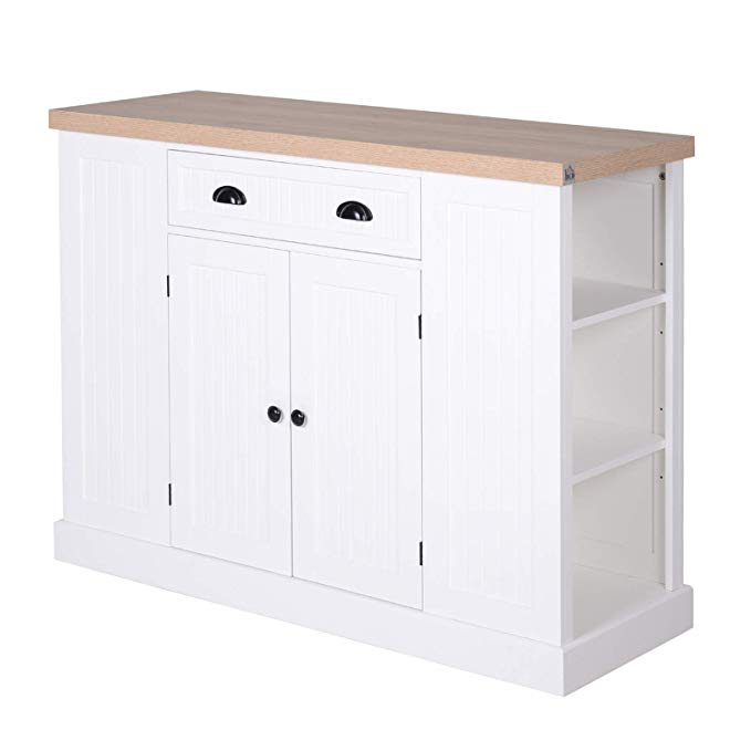 HOMCOM Fluted-Style Wooden Kitchen Island Storage Cabinet with Drawer, Open Shelving, and Interior Shelving, White