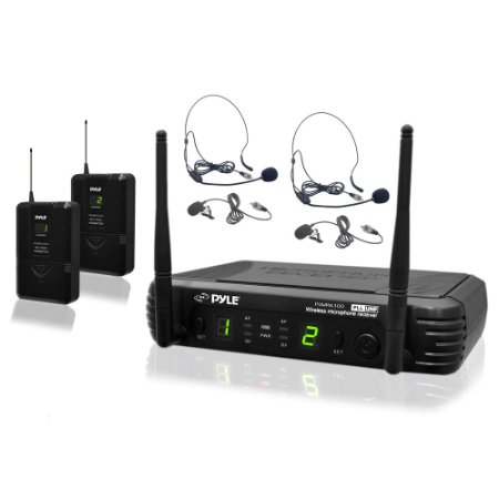 PylePro PDWM3400 Premier Series UHF Microphone System with 2 Body-Pack Transmitters 2 Headsets and 2 Lavalier Mics