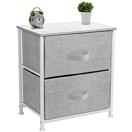 Sorbus Nightstand with 2 Drawers - Bedside Furniture & Accent End Table Chest for Home, Bedroom Accessories, Office, College Dorm, Steel Frame, Wood Top, Easy Pull Fabric Bins (White/Gray)