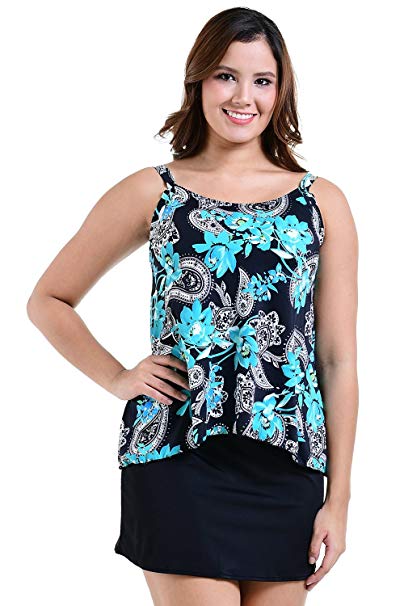 PERONA Plus Size Swimsuits Tummy Control Swimdress Two Piece Tankini Bathing Suit Floral Printed Swimwear for Women