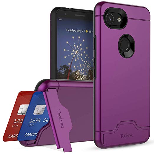 Teelevo Wallet Case for Google Pixel 3a, Dual-Layer Case with Hidden Card Storage and Integrated Kickstand for Google Pixel 3a (2019), Purple