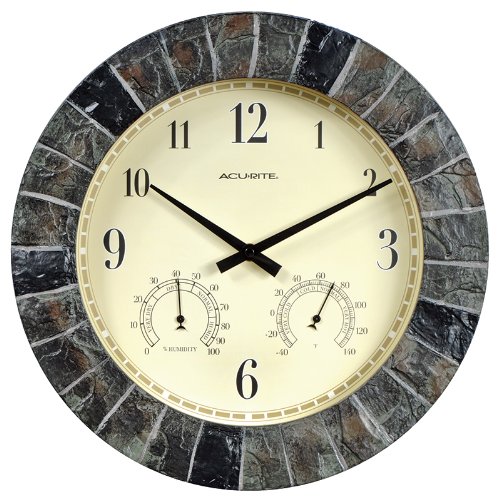 AcuRite 02418 14-Inch Faux-Slate IndoorOutdoor Wall Clock with Thermometer Hygrometer