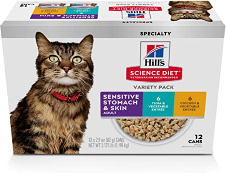 Hill's Science Diet Wet Cat Food, Adult, Sensitive Stomach & Skin Variety Pack, Tuna & Vegetable & Chicken & Vegetable Recipes, 2.9 oz Cans, 12 Pack