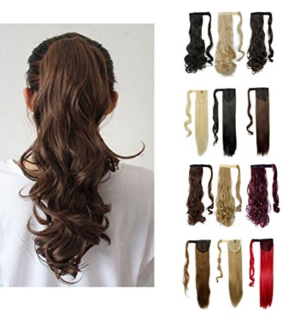 Wrap Around Synthetic Ponytail One Piece Heat Resistant Magic Paste Pony Tail Long Wavy Curly Soft Silky for Women Lady Girls 17'' / 17 inch (dark brown)