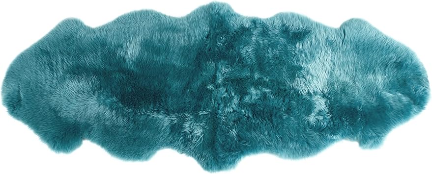 Premium Genuine Sheepskin Rug 2' x 6' Long Fur Soft & Natural Bedside Area Rug, Beach Blue, Double Pelt