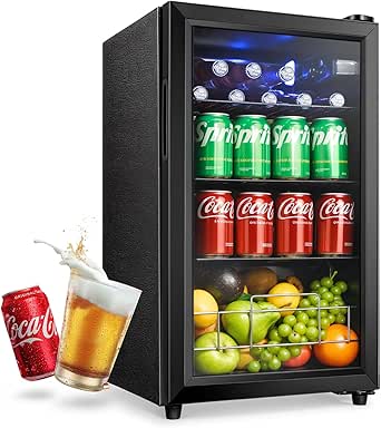 Beverage Refrigerator and Cooler, 2.6 Cu.Ft Mini fridge with Tempered Glass Door, 126 Cans Wine Drink Beer Fridge, Small Refrigerator for Office Bedroom Bar, 7 Temperatures, Adjustable Shelves