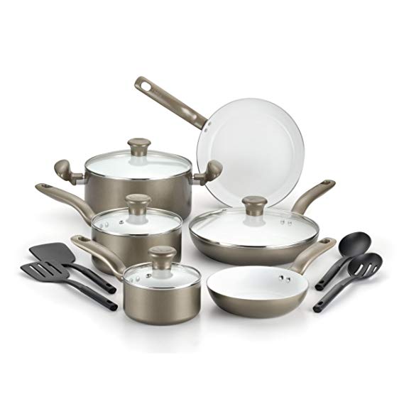 T-Fal C728SE74 Initiatives Ceramic Nonstick Cookware Set44; Champagne - 14 Piece Set