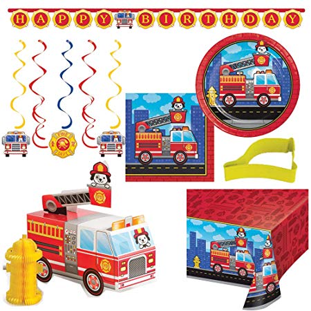 Fire Truck Party Supplies Bundle for 16: Plates, Napkins, Table Cover, Dizzy Danglers and Centerpiece