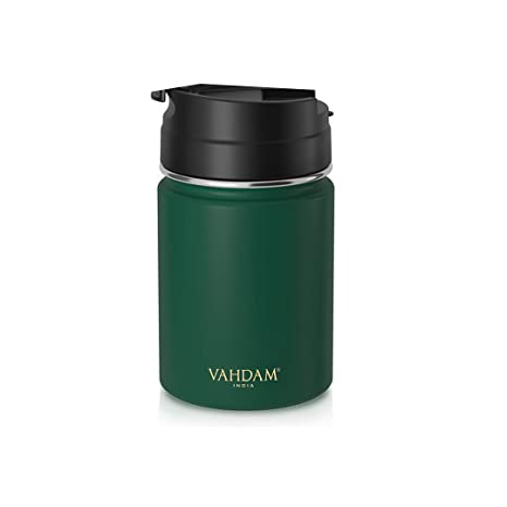 VAHDAM Vitality Flip Bottle (260 ml/8.8 oz) - Dark Green Water Bottle | 18/8 Stainless Steel | Compact & Versatile for Hot/Cold Beverages | ECO-Friendly, Reusable & Sustainable Workout Sipper