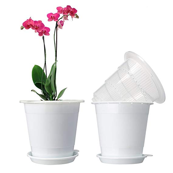 Mkono Plastic Planter Pot,Orchid Pots with Holes Mesh Net Orchid Planter 5.3 Inch White Flower Pots with Drainage Saucer Trays for Home Decoration 2 Inner & 2 Outer Planters Included